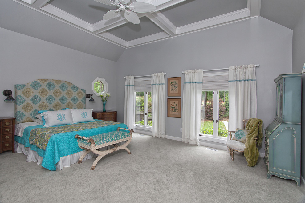 Design ideas for a large traditional master bedroom in Atlanta with grey walls, carpet and no fireplace.