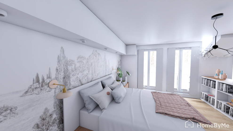 Modelo de dormitorio principal y blanco y madera moderno grande sin chimenea con paredes blancas, suelo de madera clara, casetón y papel pintado