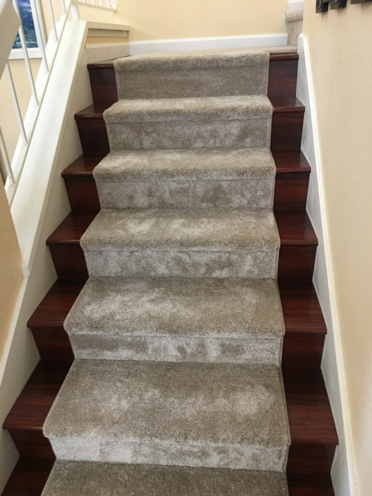 Staircase - transitional carpeted l-shaped staircase idea in San Diego with carpeted risers