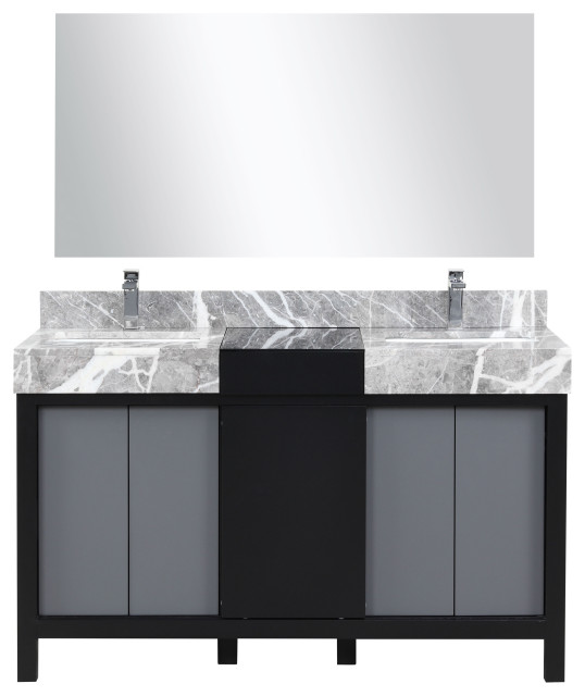 Zilara 55 Black DB Vanity, Grey Marble Tops, Sinks, Chrome Faucet Set, 53 Mirror