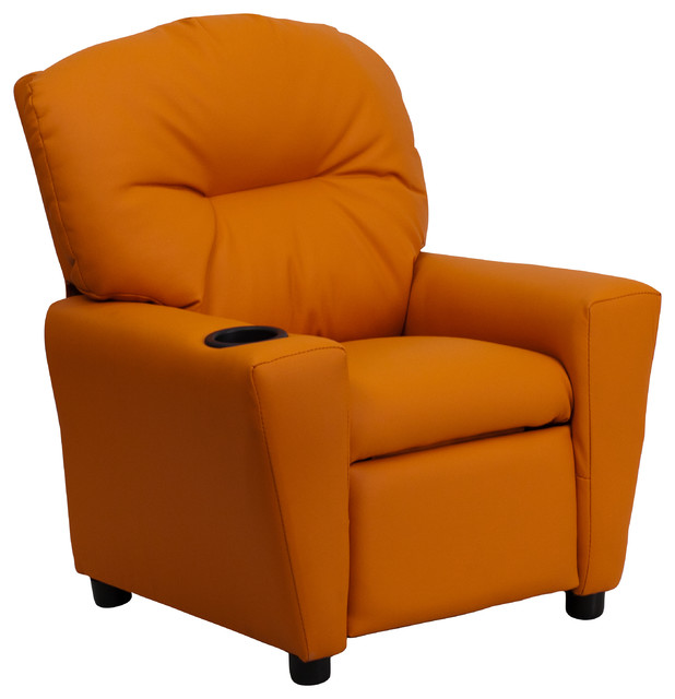 MFO Contemporary Orange Vinyl Kids Recliner with Cup Holder