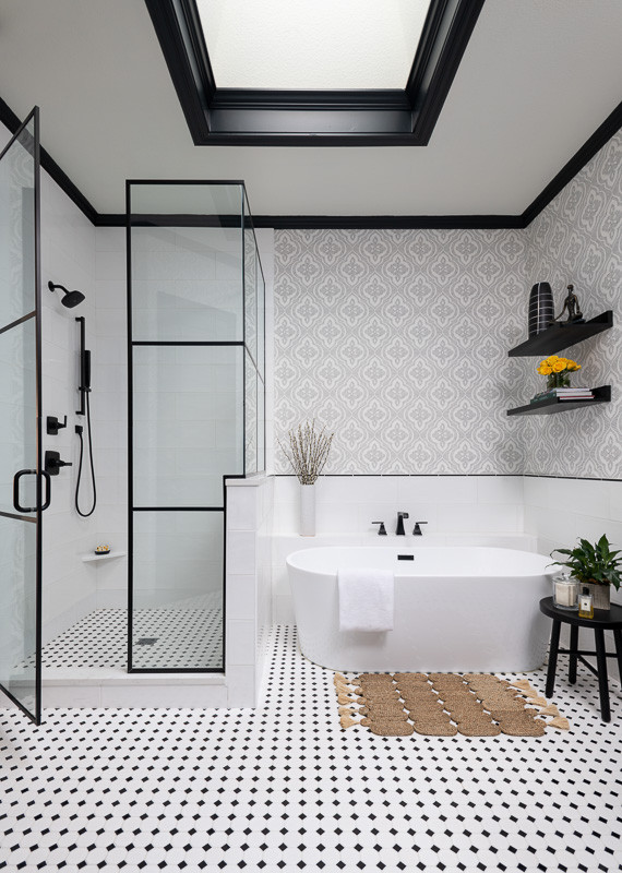 Inspiration for a mid-sized transitional bathroom in Dallas with a corner shower, multi-coloured walls, multi-coloured floor, a hinged shower door, wallpaper, a freestanding tub, vaulted and mosaic tile floors.