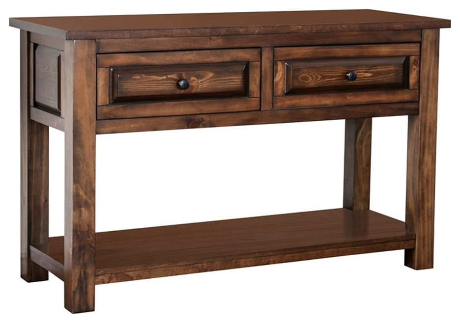 Bowery Hill Rustic Solid Wood 2Drawer Sofa Table in Walnut Finish