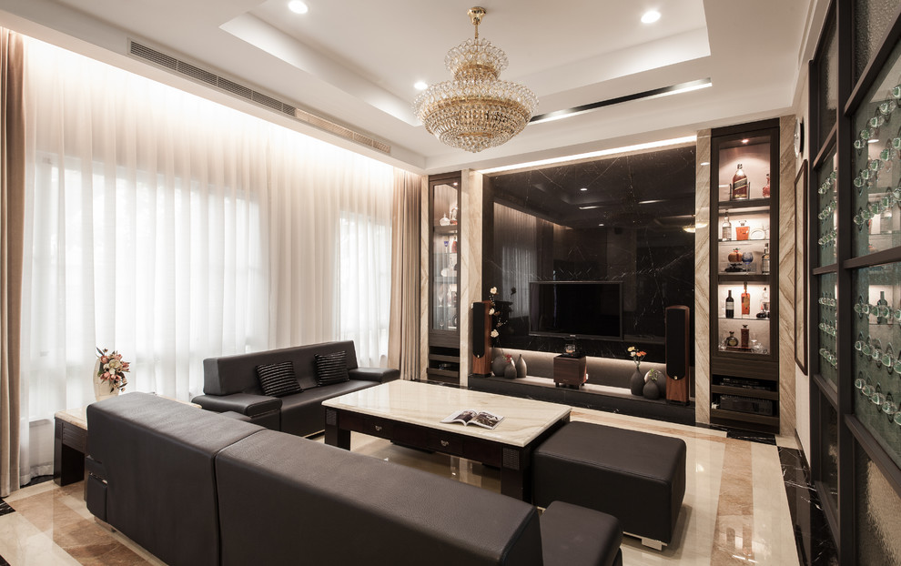 Photo of a large contemporary living room in Other with a home bar and a wall-mounted tv.