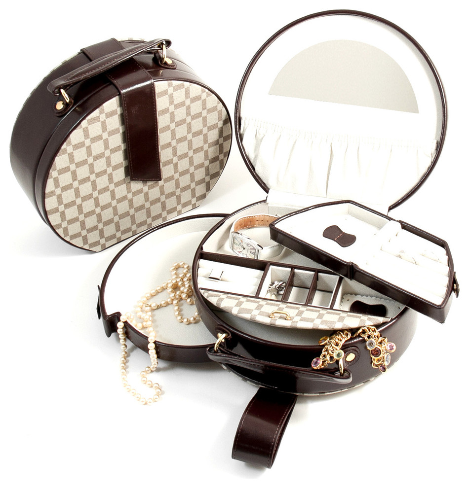 TwoTone Brown Leather and Cloth Jewelry Box Contemporary Jewelry