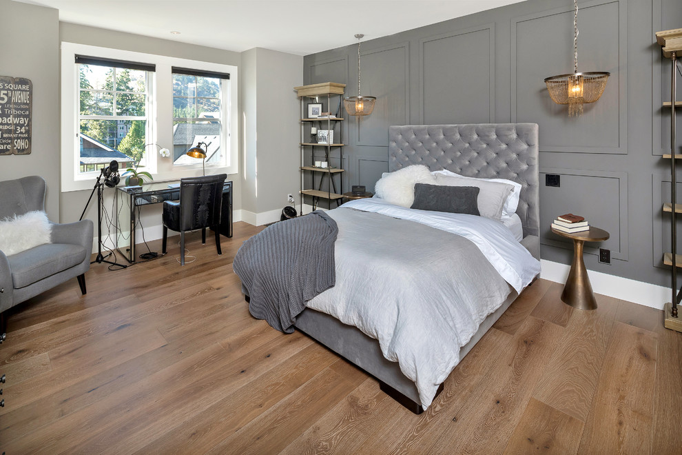 Bedroom - transitional medium tone wood floor and brown floor bedroom idea