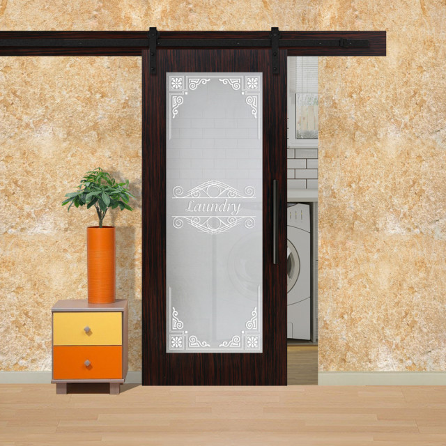 Laundry Room Barn Doors with Frosted Glass Panel in 8 Different Designs