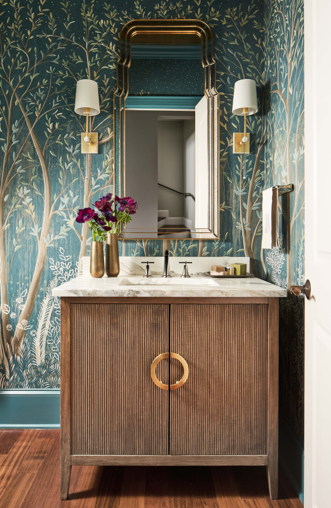 Powder room - transitional dark wood floor, brown floor and wallpaper powder room idea in Charlotte with flat-panel cabinets, dark wood cabinets, multicolored walls, an undermount sink, beige countertops and a freestanding vanity