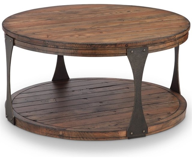 Magnussen Montgomery 36" Round Industrial Coffee Table in Bourbon Industrial Coffee Tables