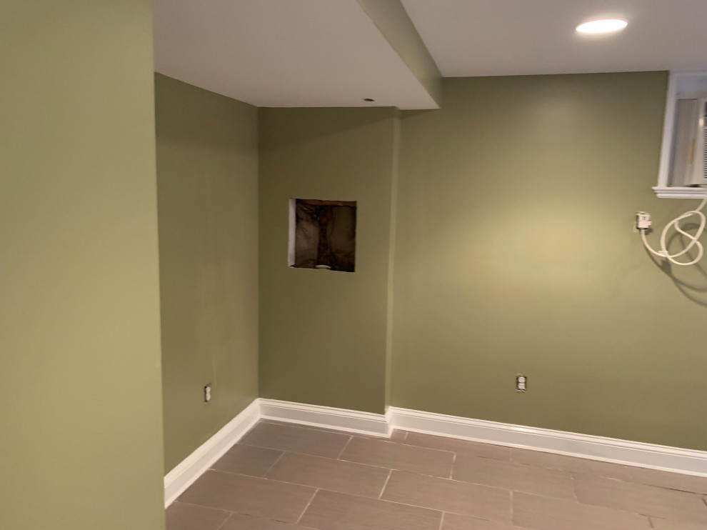 Cette photo montre un petit sous-sol moderne avec un sol vert.