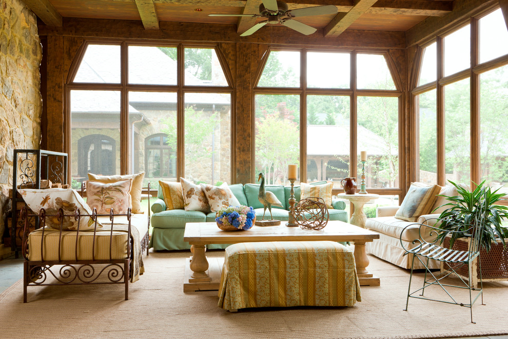 Design ideas for a large traditional sunroom in Baltimore with travertine floors, no fireplace, a standard ceiling and beige floor.