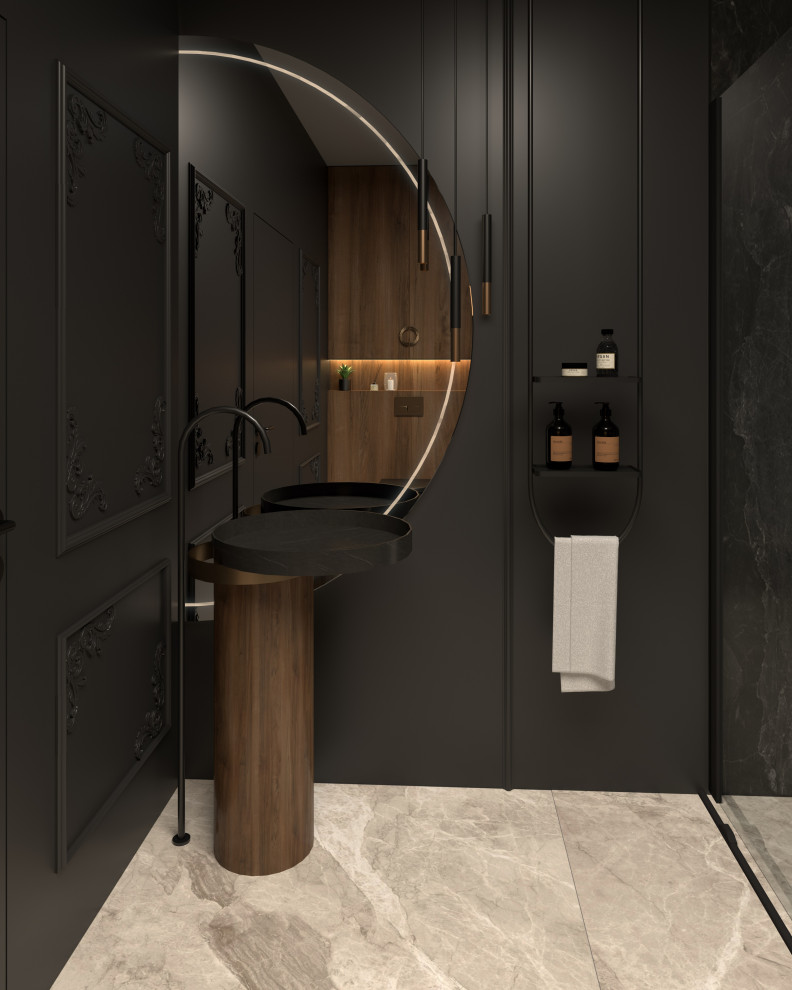 Idéer för mellanstora funkis badrum, med en vägghängd toalettstol, svart kakel, svarta väggar, klinkergolv i keramik, ett piedestal handfat och beiget golv