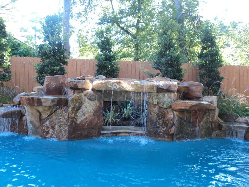 Example of a large backyard concrete paver and custom-shaped natural pool design in Austin