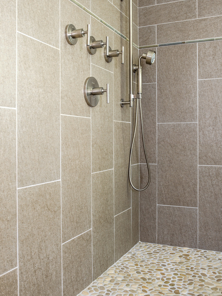 Inspiration for a large transitional master multicolored tile and porcelain tile porcelain tile freestanding bathtub remodel in Chicago with an undermount sink, furniture-like cabinets, dark wood cabinets, granite countertops, a two-piece toilet and green walls