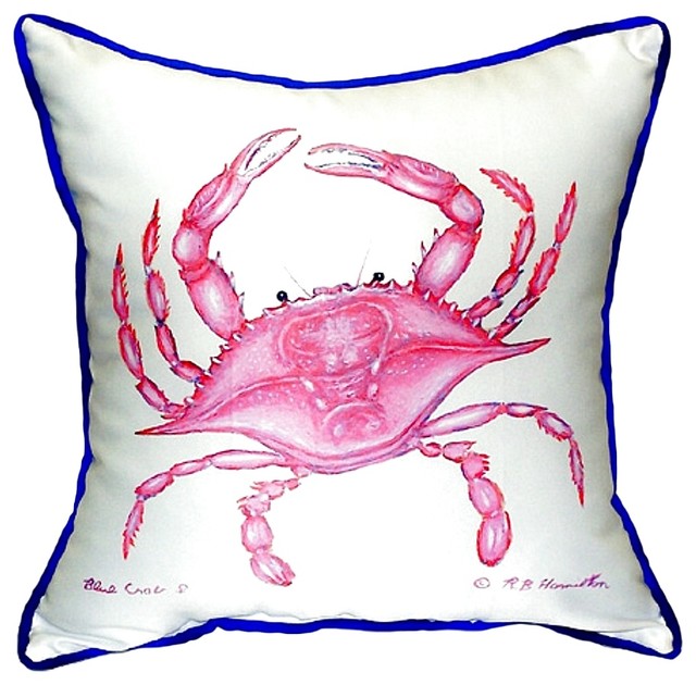 Betsy Drake Pink Crab Small Indoor/Outdoor Pillow 12x12, Small Beach
