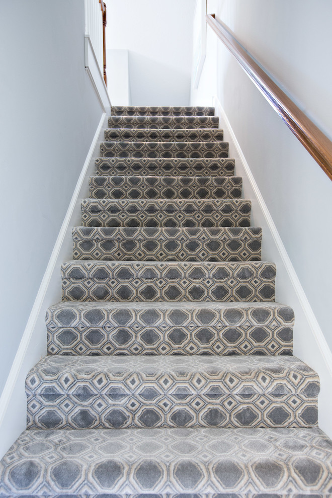 Example of a mid-sized transitional carpeted straight staircase design in Orlando with carpeted risers