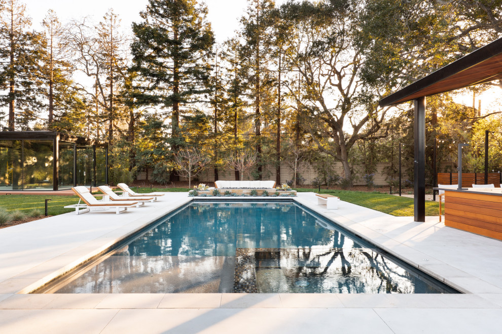 Idee per un ampio giardino xeriscape design esposto in pieno sole dietro casa in primavera con un focolare, graniglia di granito e recinzione in legno