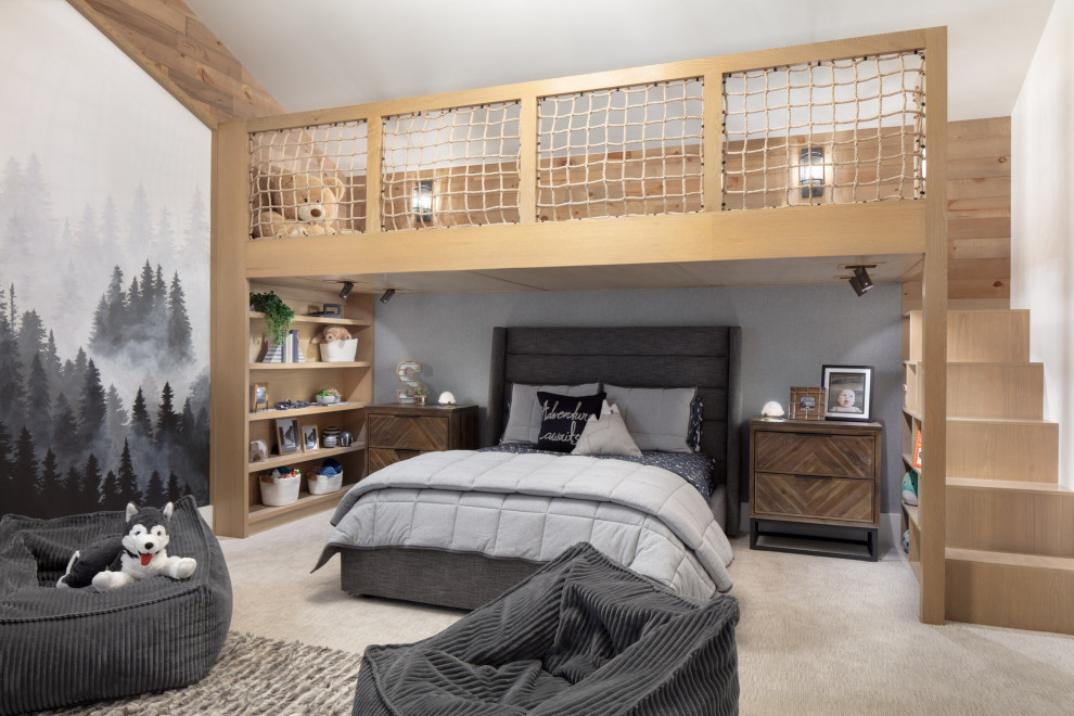 Kid Boys' Room with Loft, Built-In Shelving and Wall Mural - This fun boys' room features a built-in light wood loft with space to play or store toys. The netting adds a touch of whimsy. Vaulted ceilings add height and the wood-paneled wall frames a beautiful mountain mural.