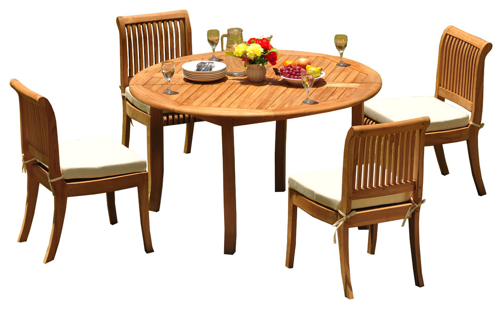 5Piece Outdoor Patio Teak Dining Set, 52" Round Table, 4 Giva Armless