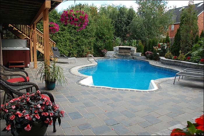 Mid-sized transitional backyard concrete paver and custom-shaped lap pool photo in Toronto