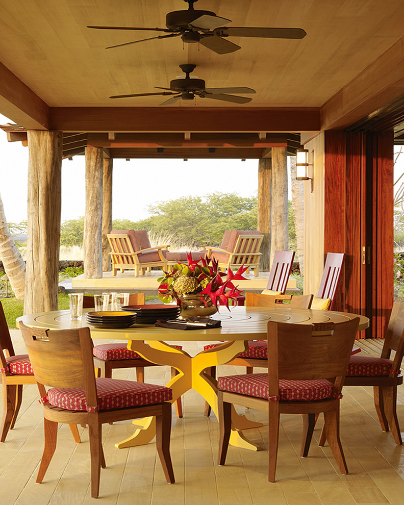 This is an example of a tropical verandah in Hawaii with a roof extension.