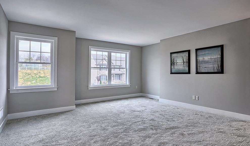 This is an example of a large transitional loft-style family room in Other with beige walls, carpet and beige floor.