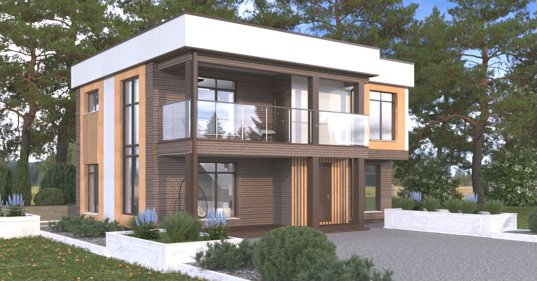 Дом двухэтажный кирпичный с облицовкой из фасадных панелей NICHIHA