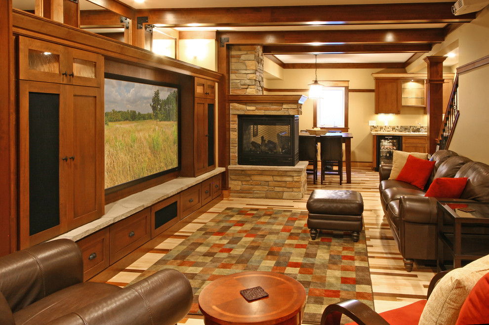 Photo of a traditional basement in Minneapolis with a two-sided fireplace and multi-coloured floor.