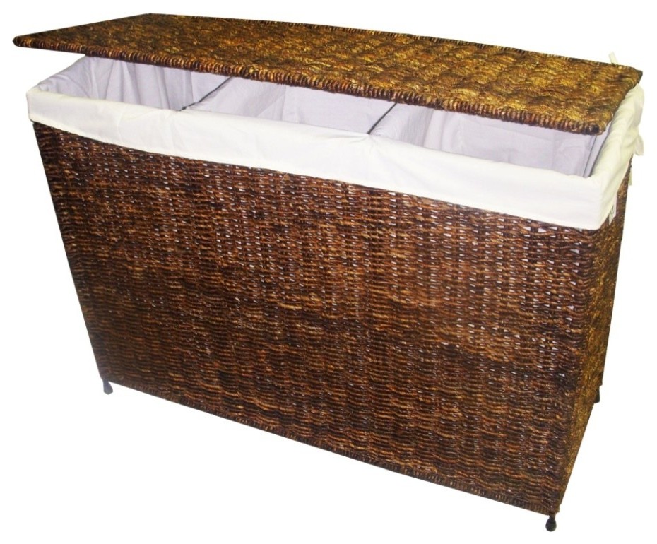 3-Section Woven Maize Hamper in Walnut Finish w Full Load Liner