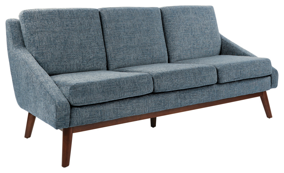 Mid-Century Sofa, Navy Fabric With Coffee Finish Legs