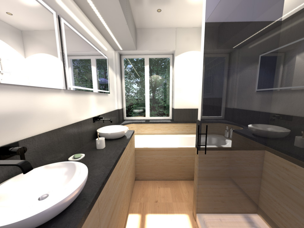 Inredning av ett nordiskt mellanstort svart svart en-suite badrum, med ett undermonterat badkar, en dubbeldusch, svart kakel, stenhäll, vita väggar, laminatgolv, ett nedsänkt handfat, laminatbänkskiva, beiget golv och dusch med skjutdörr