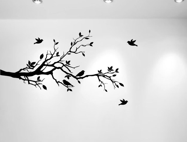 Tree Branches and Love Birds, Vinyl Sticker, 56"x28", Black, Left to Right