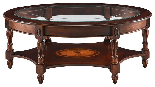 Traditional Coffee Table with Tempered Glass Top and Storage Shelf ...