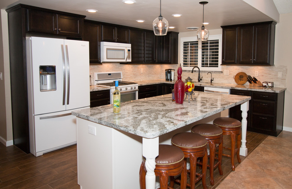 Inspiration for a mid-sized transitional l-shaped porcelain tile open concept kitchen remodel with an undermount sink, flat-panel cabinets, dark wood cabinets, quartz countertops, beige backsplash, glass sheet backsplash, white appliances and an island