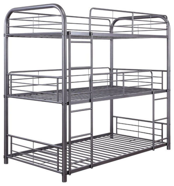 Pemberly Row Industrial Metal Triple Twin Bunk Bed in Gunmetal, Twin