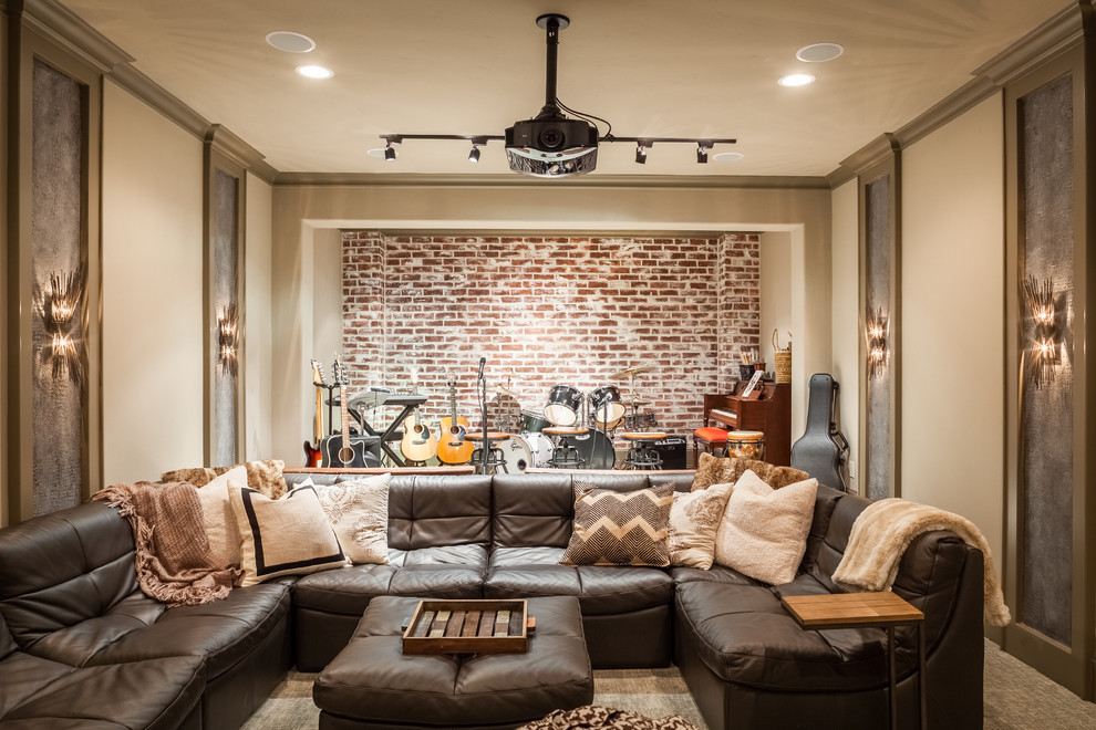 Inspiration for a country enclosed family room in Houston with a music area and beige walls.