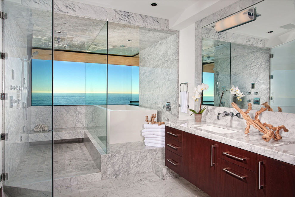 Contemporary bathroom in Orange County with a freestanding tub.