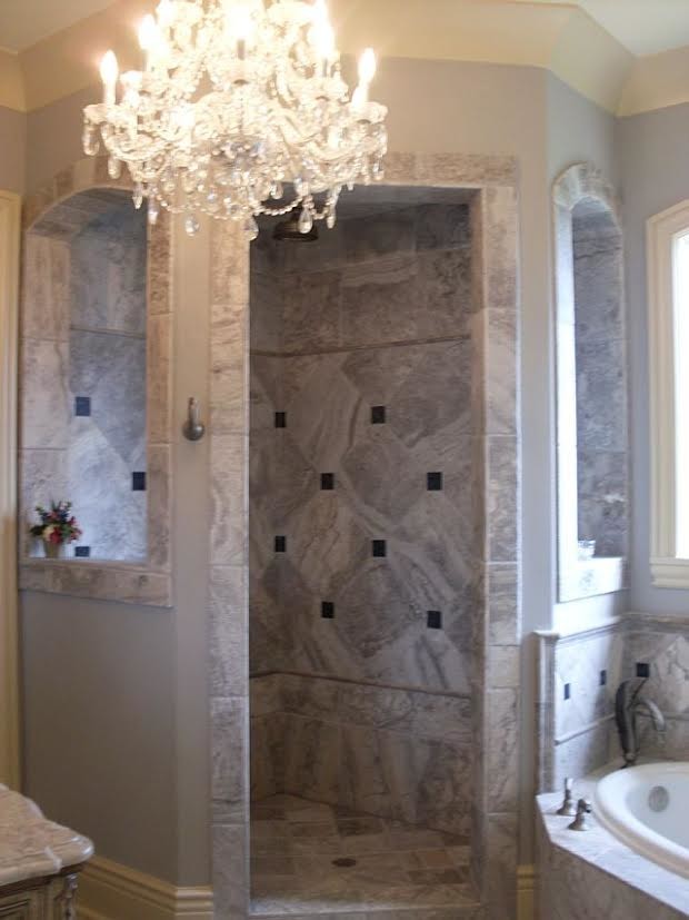 Inspiration for a mid-sized traditional master bathroom in Birmingham with a drop-in tub, an alcove shower, multi-coloured tile, marble, purple walls, marble floors, multi-coloured floor and an open shower.