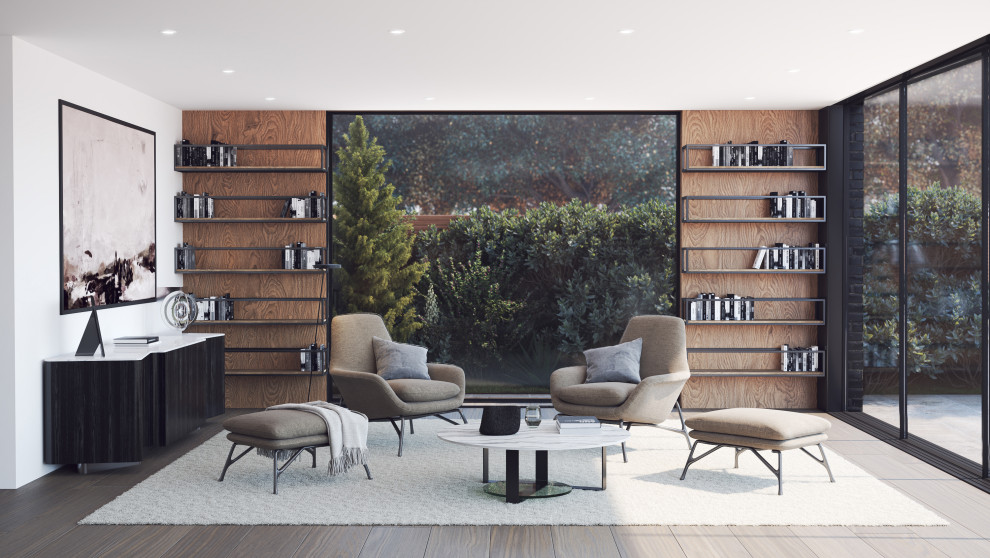 Example of a large trendy open concept light wood floor, beige floor and wood wall living room library design in West Midlands with brown walls, no fireplace and no tv