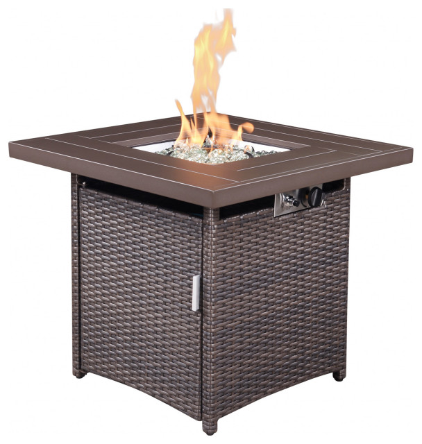 28" Brown Faux Rattan Design Square Propane Fire Pit With Glass Bead