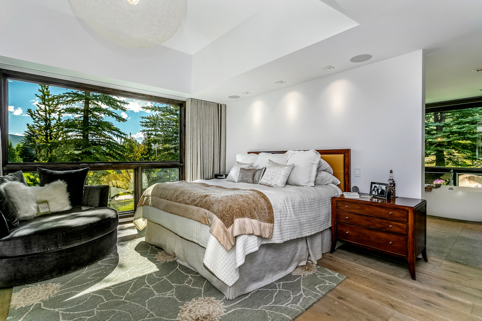 Inspiration for a large modern guest bedroom in Denver with white walls and carpet.