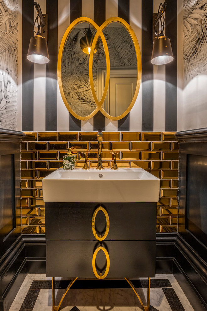 Inspiration for a transitional powder room in Dublin with furniture-like cabinets, black cabinets, black tile, subway tile, multi-coloured walls and multi-coloured floor.