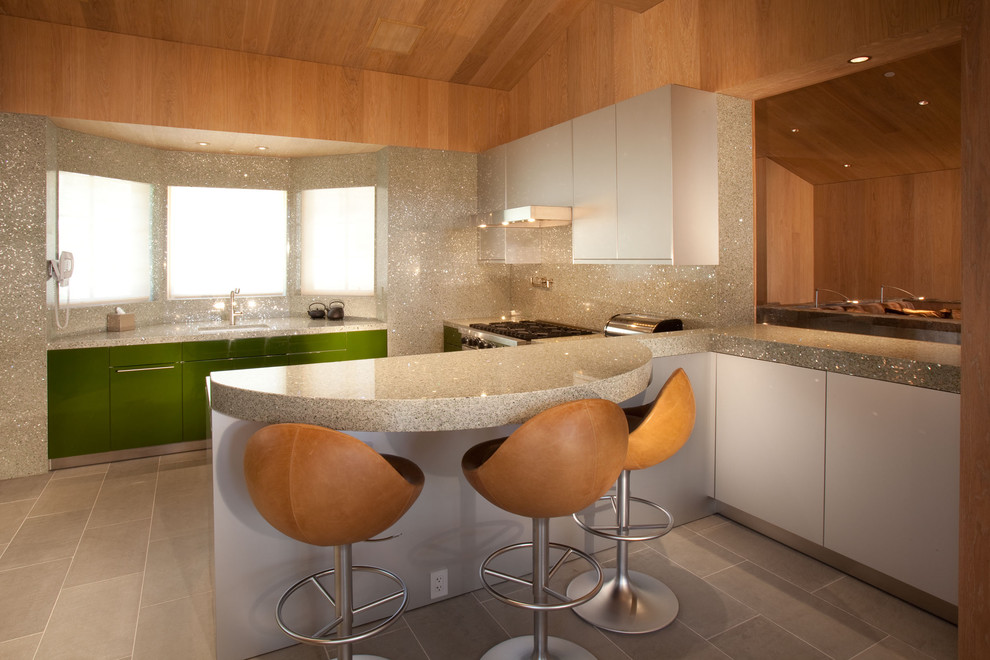 Inspiration for a contemporary kitchen in Denver with flat-panel cabinets and white cabinets.