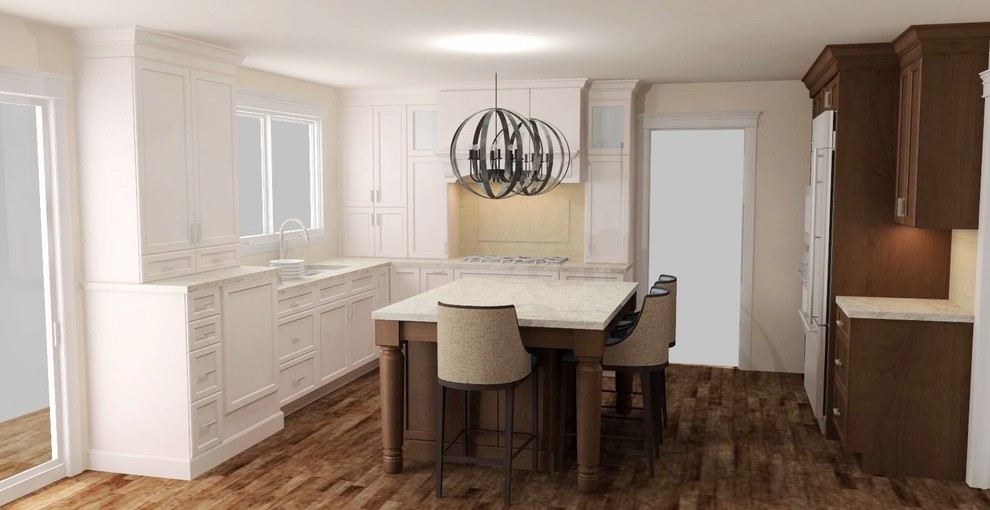Example of a mid-sized transitional u-shaped dark wood floor and brown floor eat-in kitchen design in Minneapolis with an undermount sink, recessed-panel cabinets, white cabinets, quartz countertops, beige backsplash, travertine backsplash, stainless steel appliances and an island