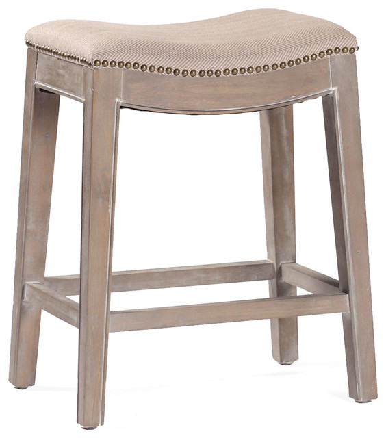 Pair French Country Vivian Brass Nail Heads Linen Counter Stool