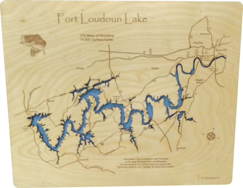 Fort Loudoun Lake, TennesseeWood Lake Map, Small Rustic Wall