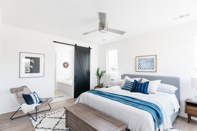 Blue Coastal Bedroom With Sliding Barn Door Beach Style