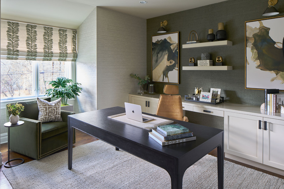 Example of a mid-sized transitional freestanding desk medium tone wood floor and wallpaper home office design in New York