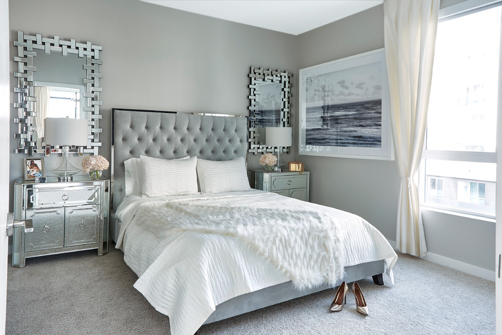 Inspiration for a transitional bedroom in Los Angeles with grey walls, carpet and grey floor.