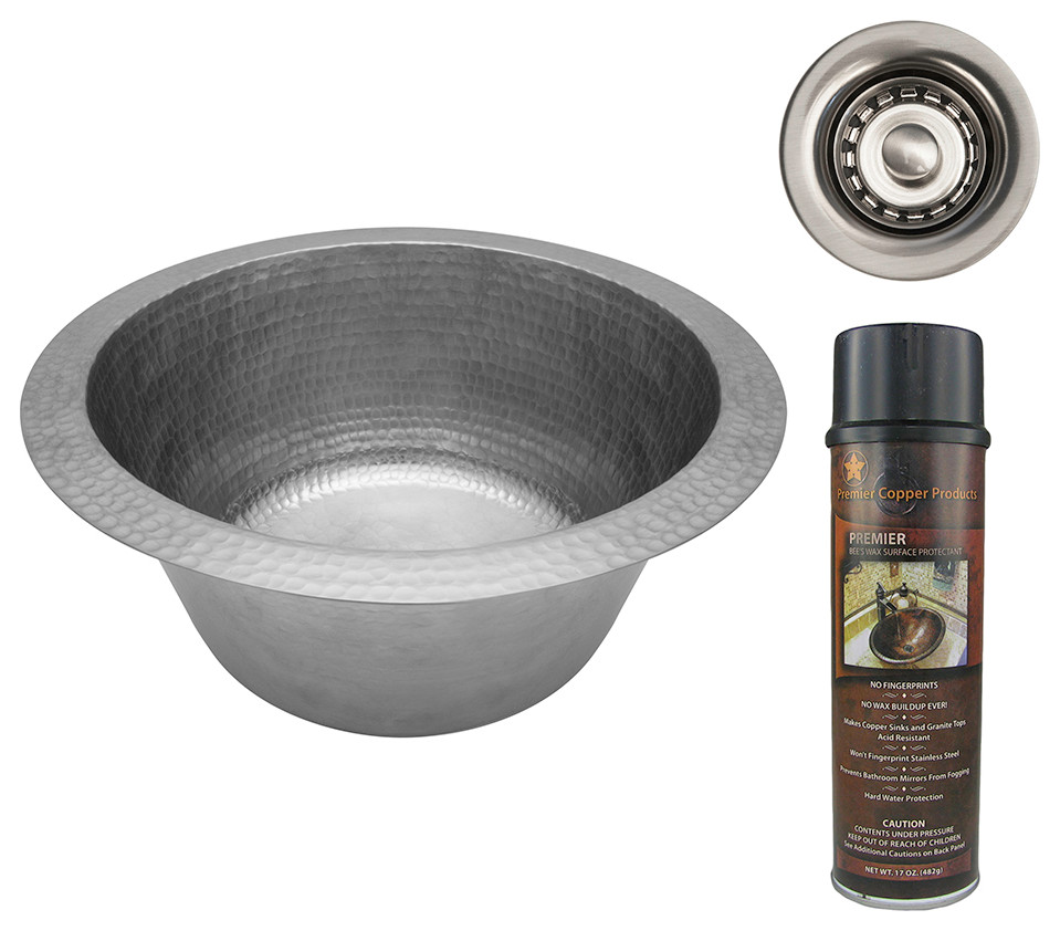 12" Round Hammered Copper Bar Sink, 2" Drain Opening, Nickel